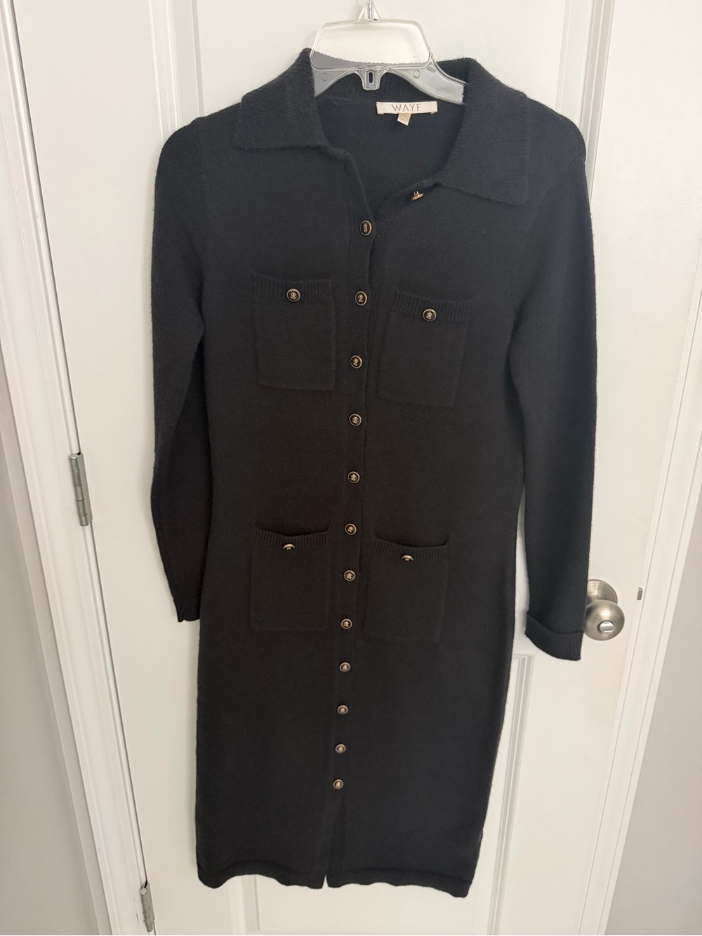Wayf Black Long-Sleeve Button-Front Knit Dress